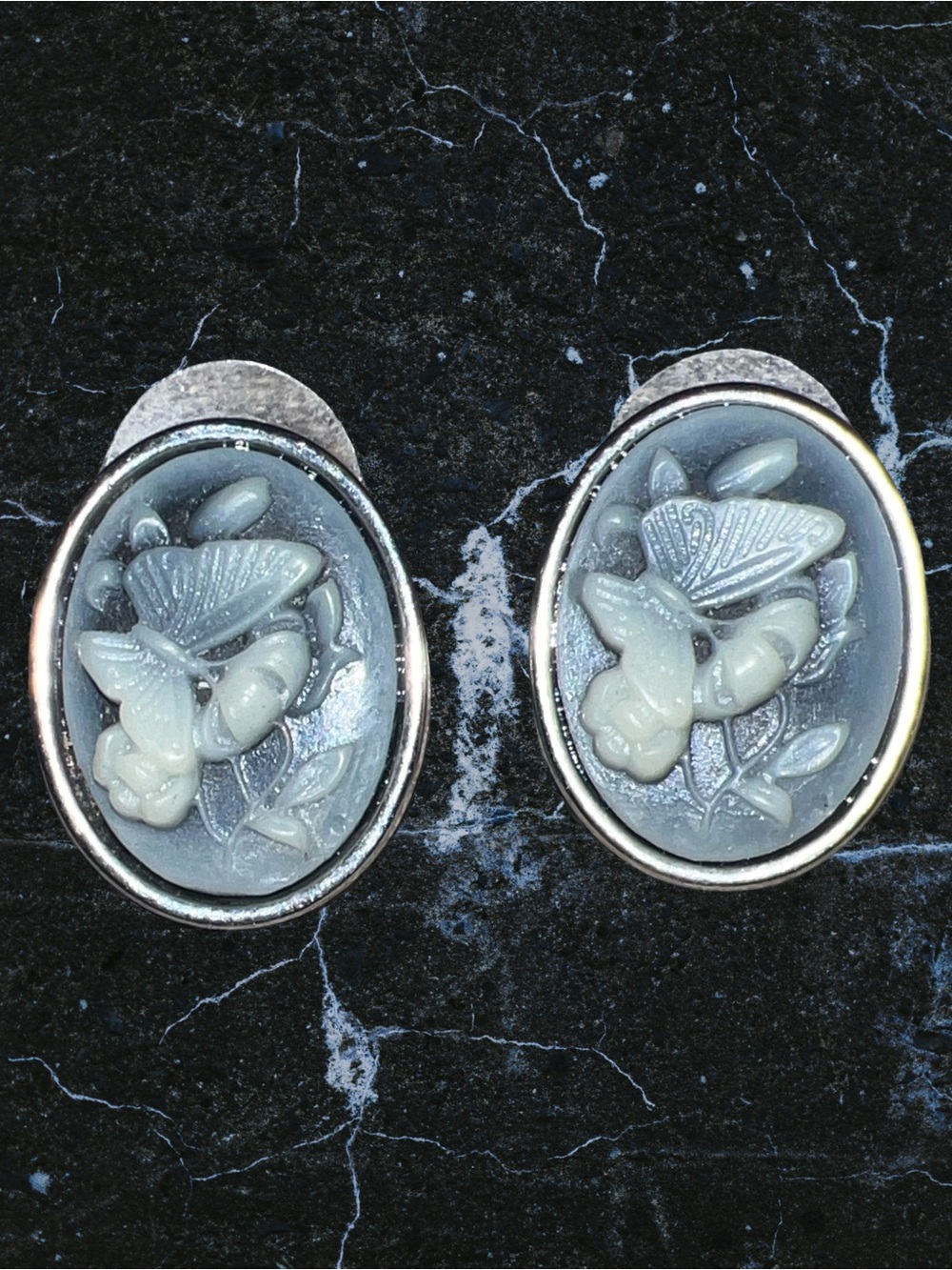 Butterfly Cameo Silver Tone Earrings Pierced